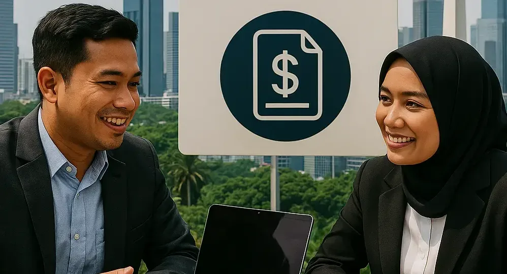 Ilustrasi kota Jakarta dengan ikon pajak dan profesional sedang berdiskusi.