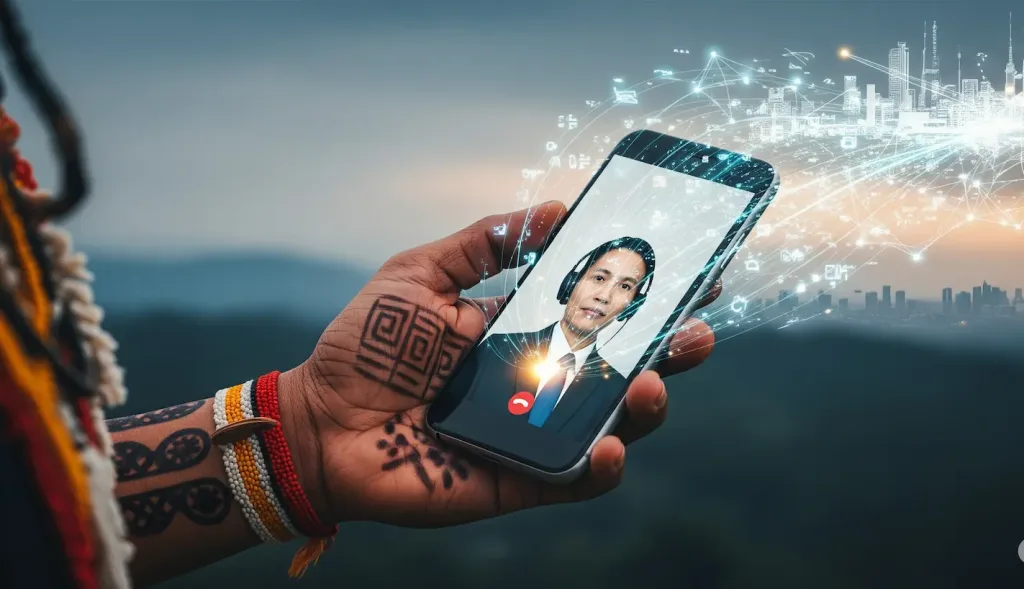 Tangan seorang pebisnis memegang smartphone yang menunjukkan koneksi digital tanpa batas ke konsultan pajaknya di kota lain.