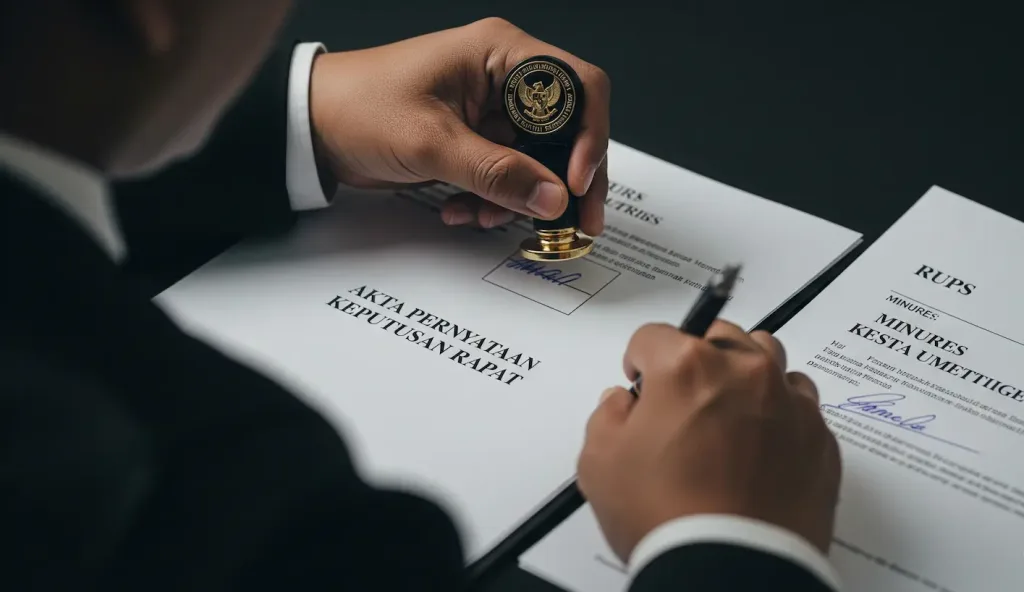 Seorang Notaris sedang membubuhkan stempel jabatannya pada dokumen akta perubahan PT yang baru.