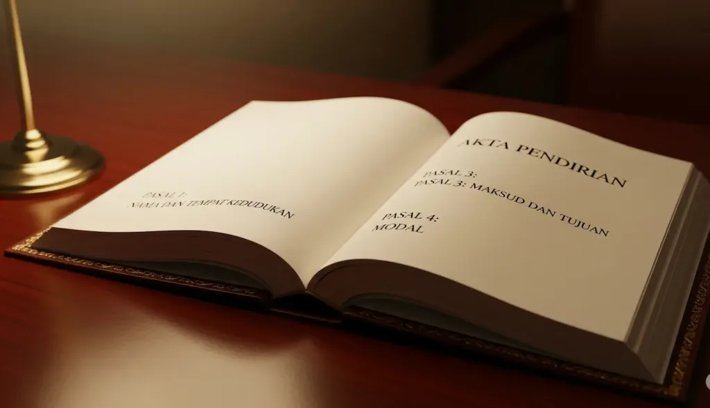 Sebuah buku tebal yang terbuka, di mana setiap halamannya merupakan pasal penting dalam akta pendirian PT.