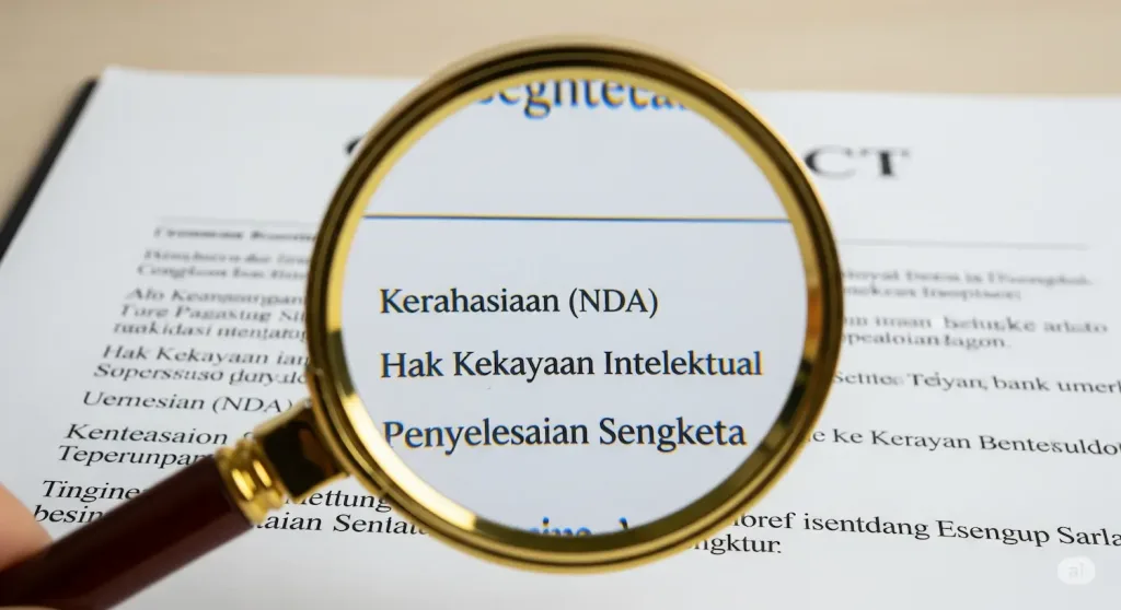 Sebuah kaca pembesar sedang memeriksa dokumen perjanjian bisnis, menyoroti klausul-klausul penting di dalamnya.