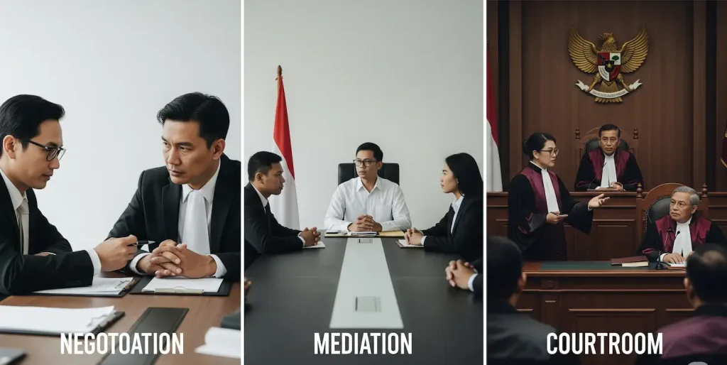 Tiga panel gambar yang menunjukkan tiga arena penyelesaian sengketa: negosiasi, mediasi, dan litigasi di pengadilan.