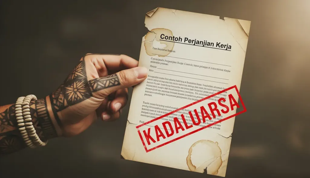 Sebuah dokumen kontrak karyawan hasil template internet yang rapuh dan sobek, menunjukkan risiko hukum yang dikandungnya.