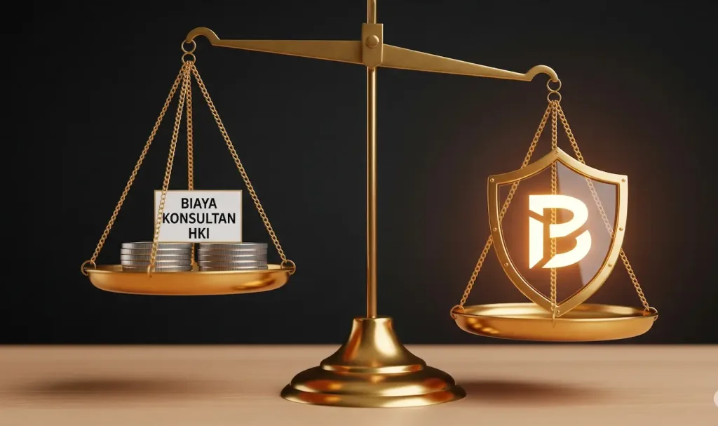 Sebuah timbangan yang menunjukkan bahwa biaya konsultan HKI lebih ringan dibandingkan nilai perlindungan brand jangka panjang.