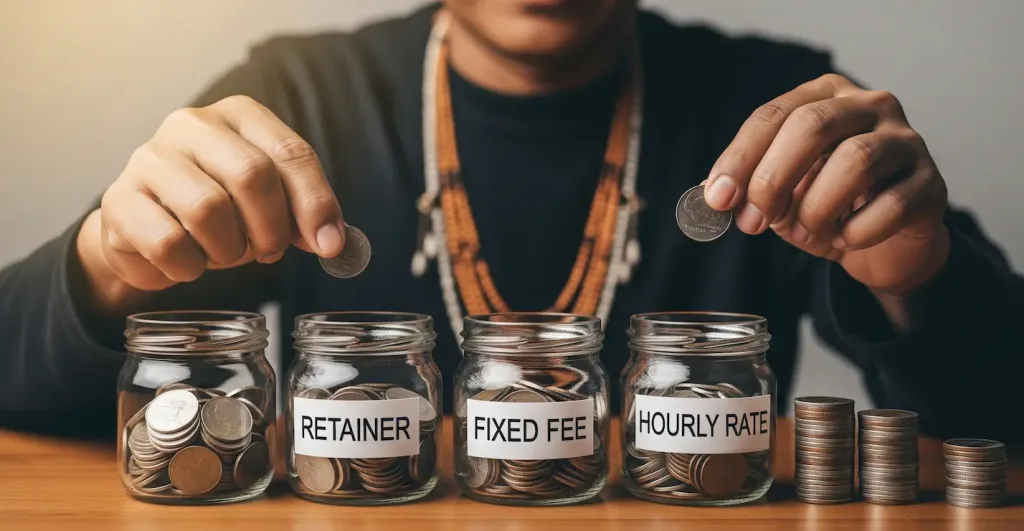 Seorang manajer keuangan sedang menyusun anggaran untuk biaya jasa pengacara perusahaan dengan memasukkan koin ke dalam beberapa model tarif.