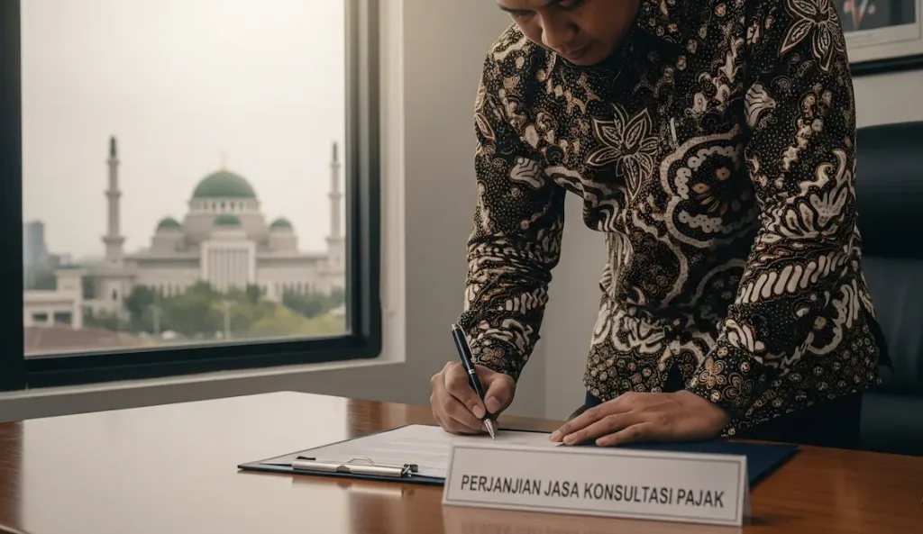 Seorang pengusaha di Medan sedang menandatangani kontrak layanan dengan konsultan pajak, sebuah investasi pada keahlian.