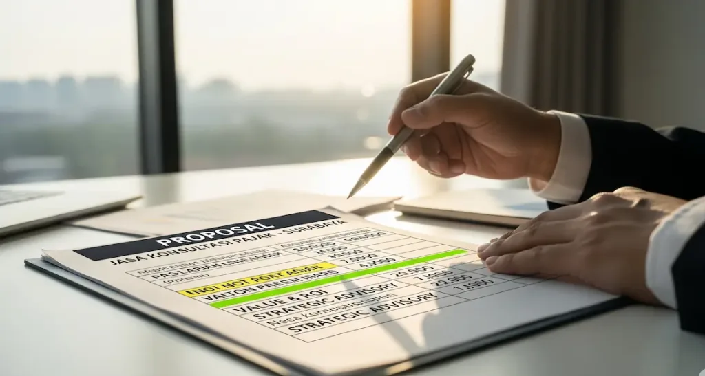 Seorang direktur keuangan di Surabaya sedang membandingkan proposal biaya konsultan pajak, fokus pada nilai investasi jangka panjang.