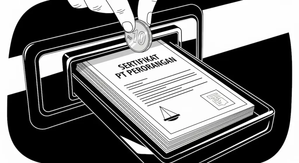 Sebuah koin kecil dimasukkan ke dalam mesin yang menghasilkan dokumen legal PT Perorangan, melambangkan biaya yang terjangkau.