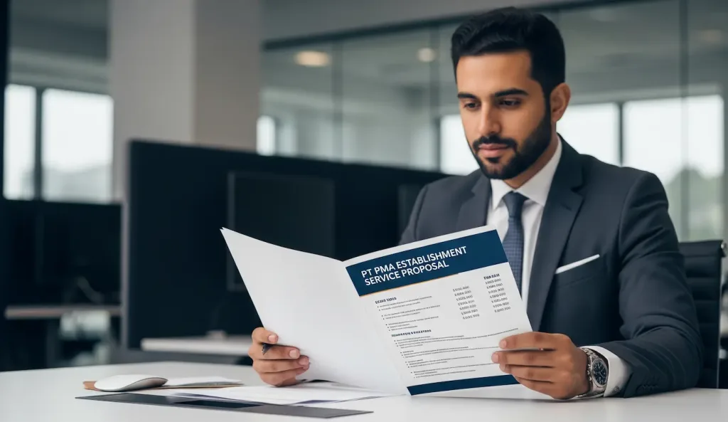 Seorang investor asing sedang meninjau proposal biaya pendirian PT PMA yang transparan dari konsultan.