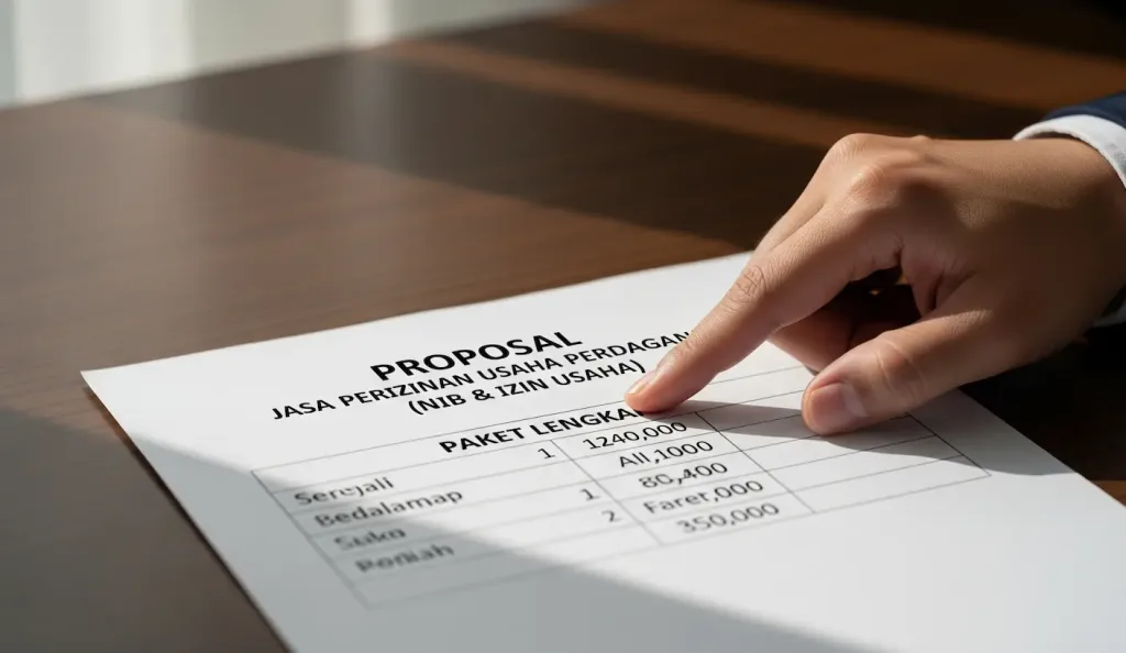 Seorang pengusaha sedang melihat proposal biaya urus SIUP dan NIB yang transparan dari konsultan profesional.