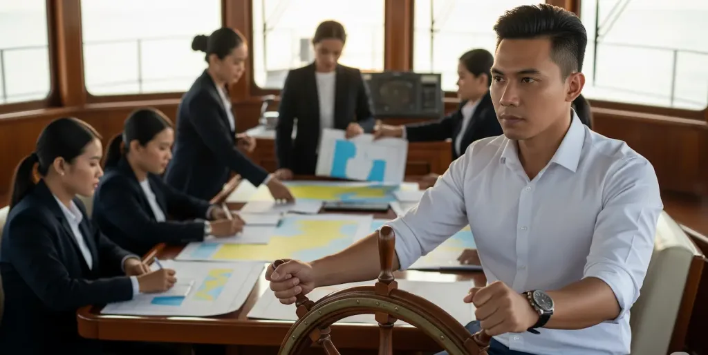 Seorang pengusaha fokus mengemudikan bisnisnya sementara tim biro jasa legalitas profesional menangani peta regulasi yang rumit di latar belakang.