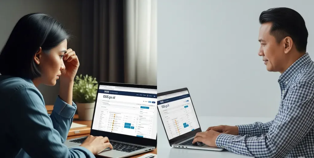 Seorang pengusaha yang tampak bingung melihat laptop dengan laman OSS, kontras dengan konsultan profesional yang dengan mudah menavigasinya.