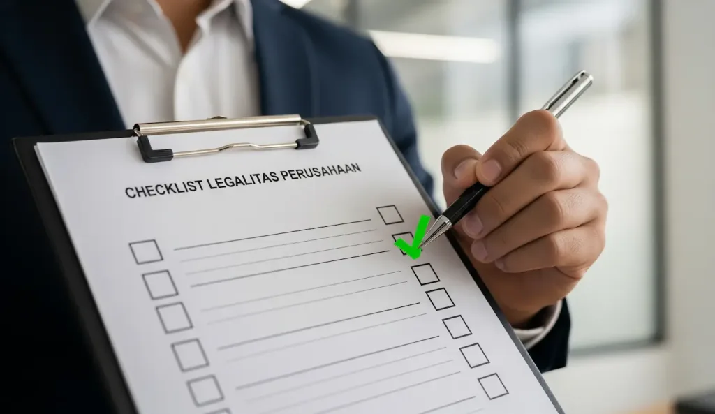 Tangan seorang profesional sedang memberikan tanda centang hijau pada item terakhir di sebuah checklist legalitas perusahaan.