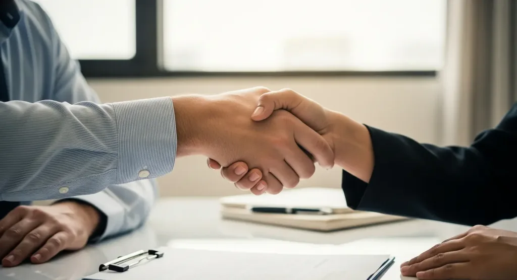 A symbolic image of a handshake between a foreign executive and an Indonesian consultant, representing a trusted partnership.