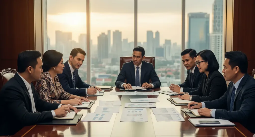 Suasana rapat di sebuah law firm korporat terkemuka di Jakarta yang sedang membahas transaksi M&A.
