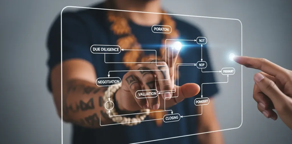 A corporate lawyer navigating a complex flowchart, symbolizing their role in managing M&A and investment transactions.