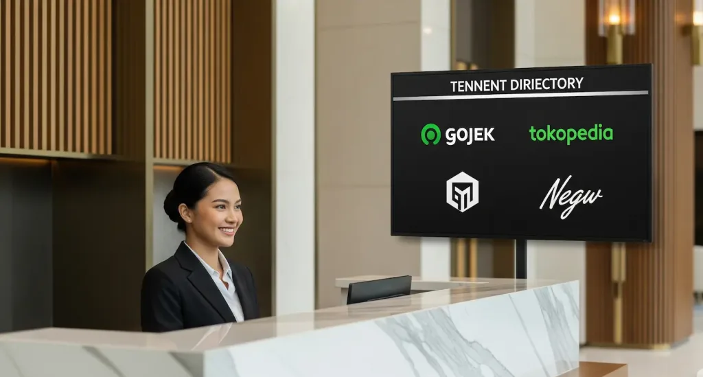 Direktori penyewa di lobi gedung kantor premium, menunjukkan pentingnya alamat bisnis untuk kredibilitas.