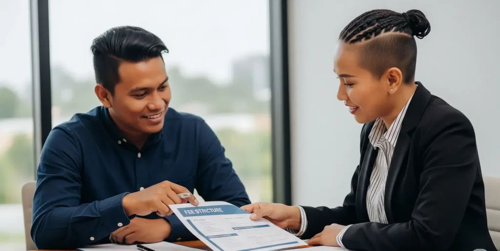 Seorang klien bisnis sedang berdiskusi secara transparan mengenai proposal biaya dengan konsultan hukum dari Skailaw.
