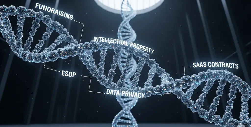 Sebuah struktur DNA yang bersinar melambangkan area-area hukum kritis yang unik untuk sebuah startup teknologi.