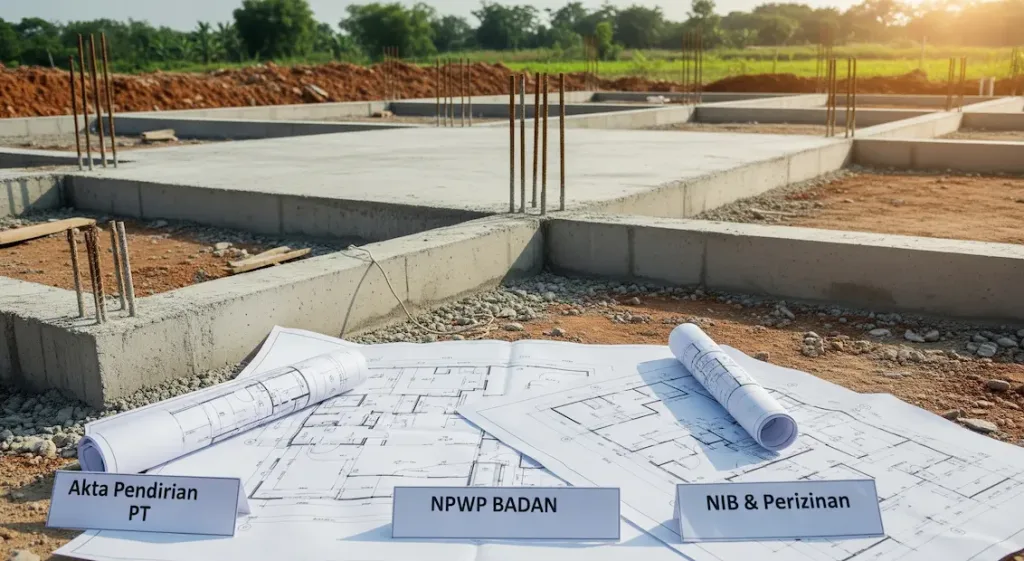 Fondasi sebuah bangunan yang kokoh dengan cetak biru berlabel dokumen legal, melambangkan pentingnya jasa legalitas perusahaan.