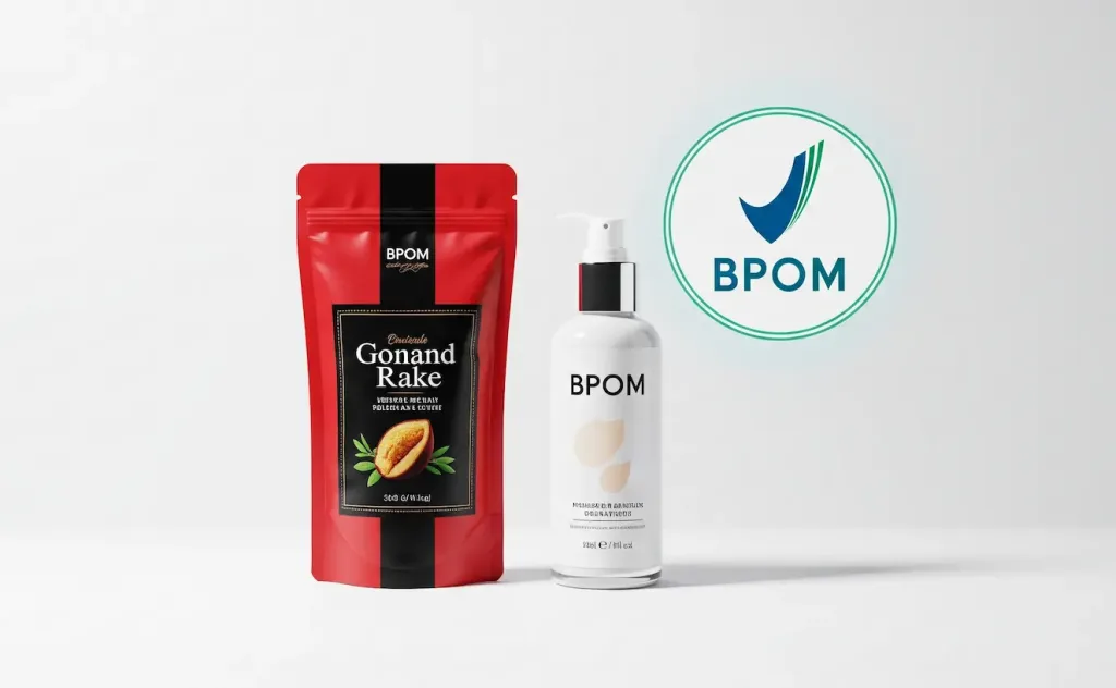 Sebuah produk makanan dan kosmetik yang berkualitas dengan logo Izin Edar BPOM yang bersinar di sebelahnya.