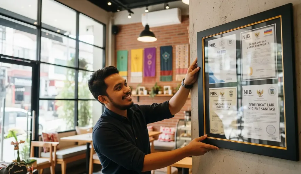 Pemilik kafe yang bangga sedang menggantung bingkai berisi izin usaha TDUP dan Laik Sehat di dinding kafenya yang baru buka.