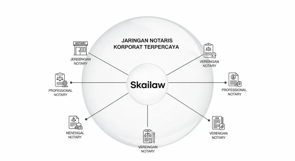 Logo Skailaw sebagai pusat yang terhubung dengan beberapa ikon notaris, menunjukkan jaringan terkurasi dan layanan satu pintu.