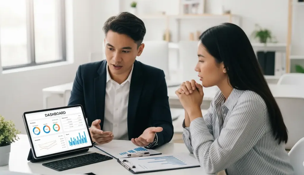 Seorang konsultan dari Skailaw sedang memberikan konsultasi pajak kepada pemilik agensi kreatif di kantor mereka yang modern.