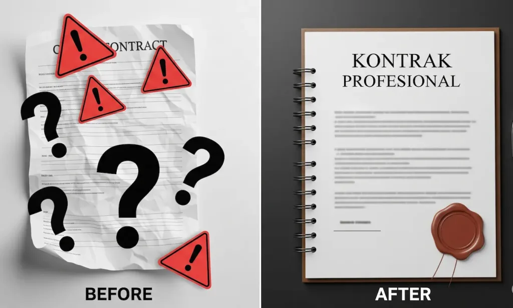 Perbandingan antara kontrak template dari internet yang berisiko dengan kontrak yang disusun khusus oleh jasa konsultan hukum.