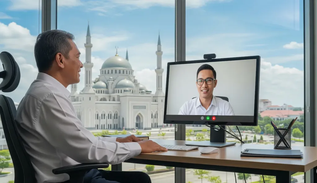 Seorang profesional sedang melakukan video call dengan konsultan pajak di laptopnya, dengan latar belakang pemandangan ikonik kota Medan.