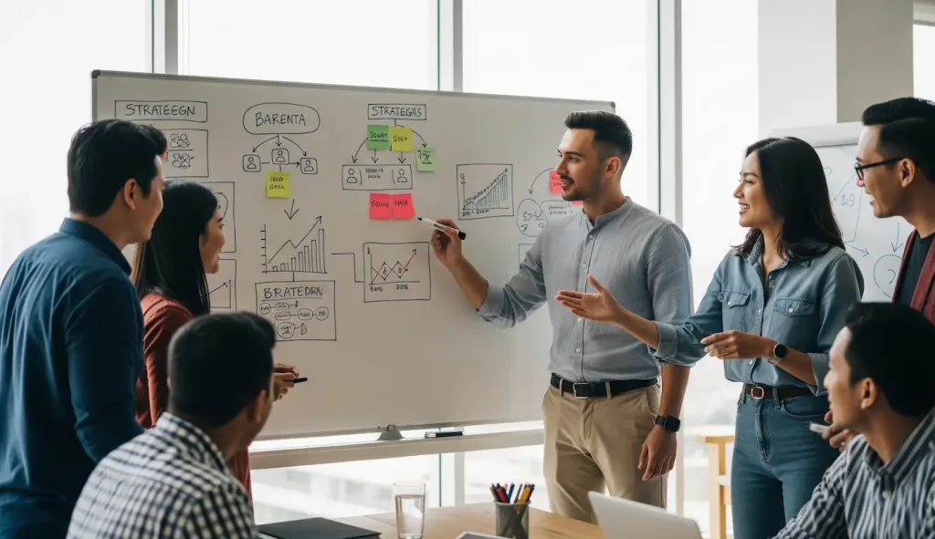 Sebuah tim startup teknologi yang dinamis sedang berdiskusi strategi dengan konsultan hukum mereka di sebuah co-working space modern.