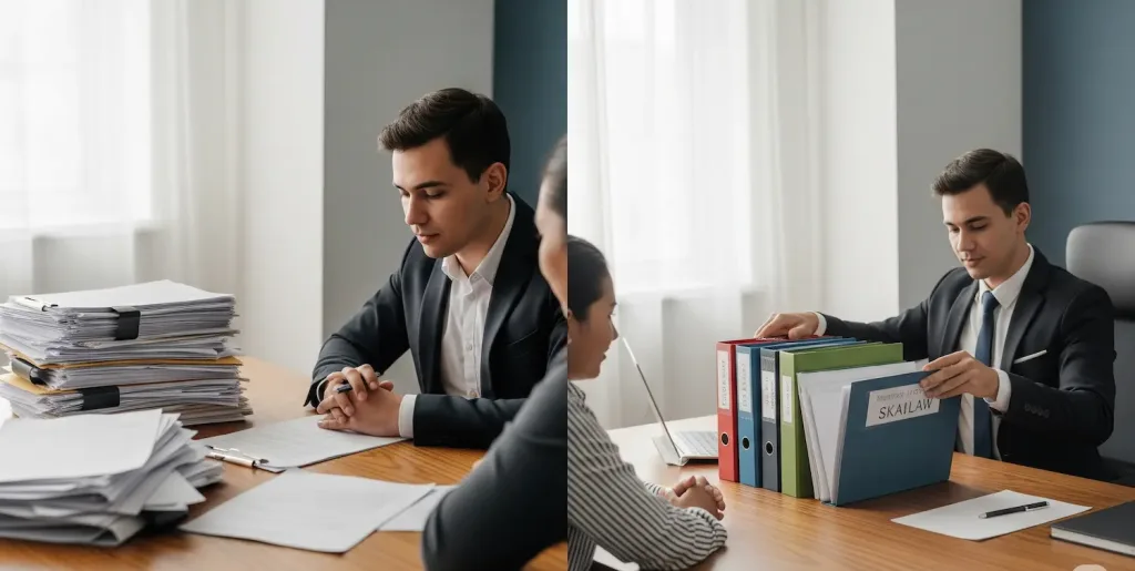 Seorang konsultan dari Skailaw dengan tenang membantu klien memeriksa dan merapikan tumpukan dokumen legal perusahaan.