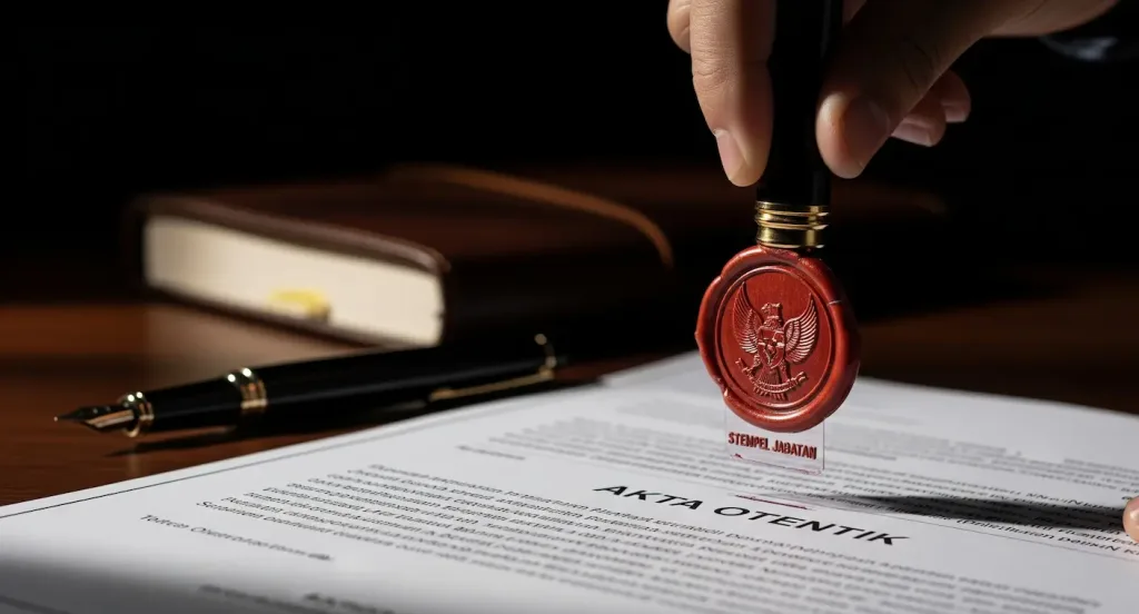 Sebuah stempel jabatan Notaris sedang ditekan di atas Akta Otentik perusahaan, melambangkan keabsahan dari jasa notaris di Jakarta.