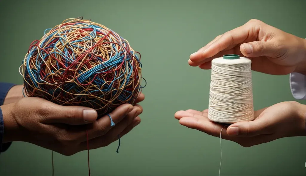 Tangan seorang profesional menerima benang kusut (payroll) dan mengembalikannya sebagai gulungan benang yang rapi, melambangkan efisiensi jasa payroll.