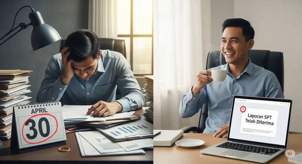 Seorang pemilik bisnis tersenyum lega di depan kalender yang menandai batas akhir lapor SPT Tahunan Badan, berkat bantuan jasa pelaporan pajak.