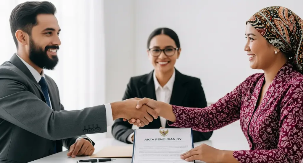 Dua orang partner bisnis sedang berjabat tangan dengan notaris setelah menandatangani akta pendirian CV mereka.