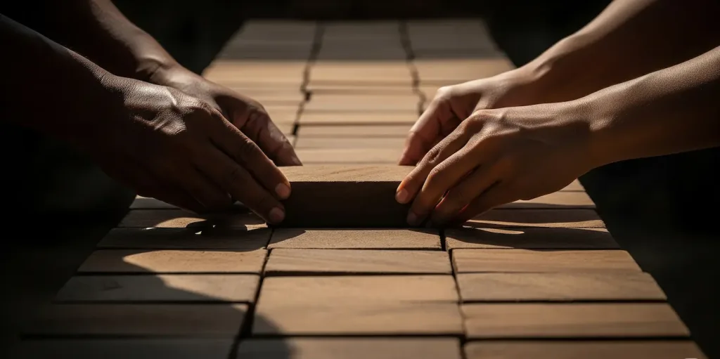 Dua tangan sedang membangun jembatan balok yang kokoh, melambangkan pembuatan kontrak bisnis yang kuat dan menghubungkan dua pihak.