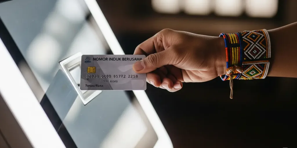 Tangan seorang pengusaha menerima kartu NIB (Nomor Induk Berusaha) yang modern dari sebuah terminal digital.