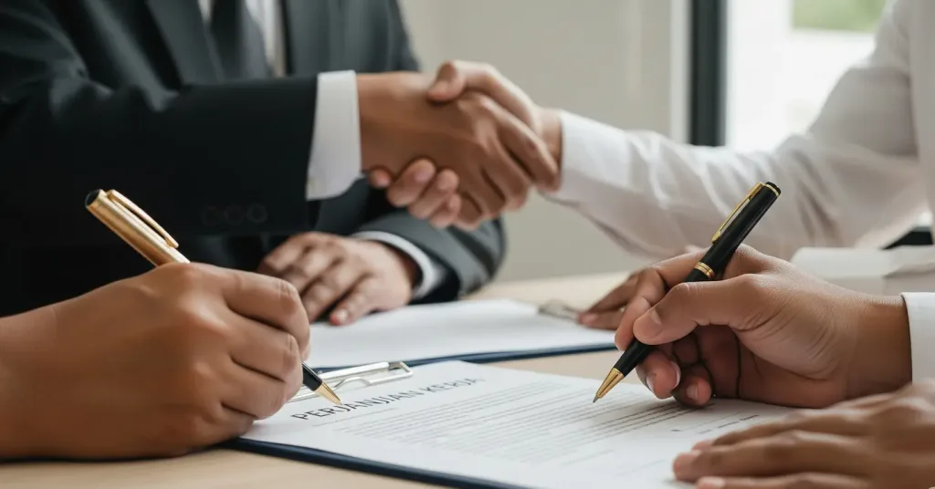 Seorang perwakilan perusahaan dan seorang karyawan menandatangani perjanjian kerja yang solid, dengan jabat tangan di latar belakang.