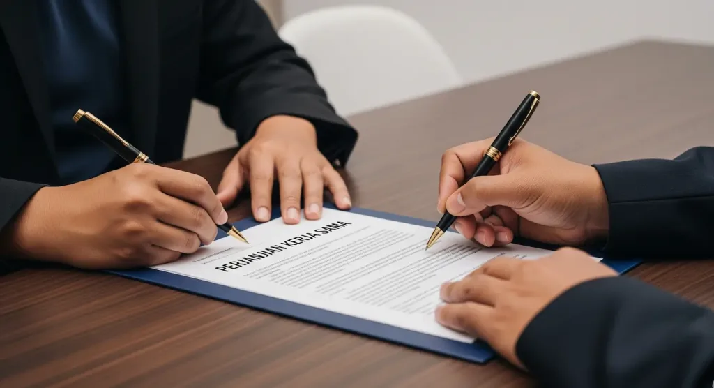 Dua pihak menandatangani dokumen Perjanjian Kerja Sama (PKS) yang solid, hasil dari jasa pembuatan perjanjian profesional.