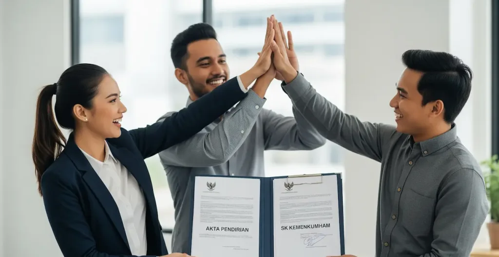 Sekelompok founder startup yang beragam merayakan pendirian PT mereka yang cepat dengan bantuan jasa pembuatan PT profesional di Jakarta.