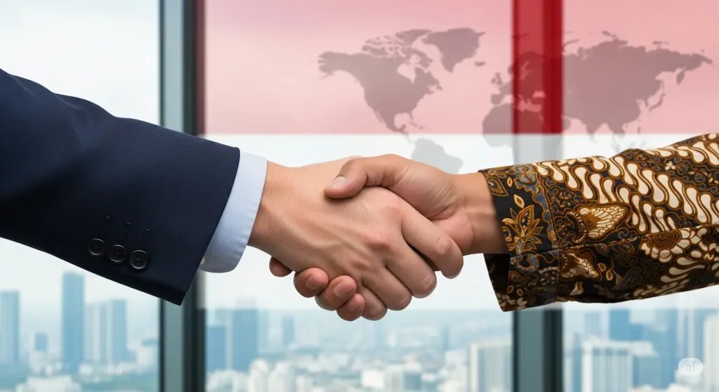 Jabat tangan antara investor asing dan partner lokal di Indonesia, melambangkan kesuksesan pendirian PT PMA.