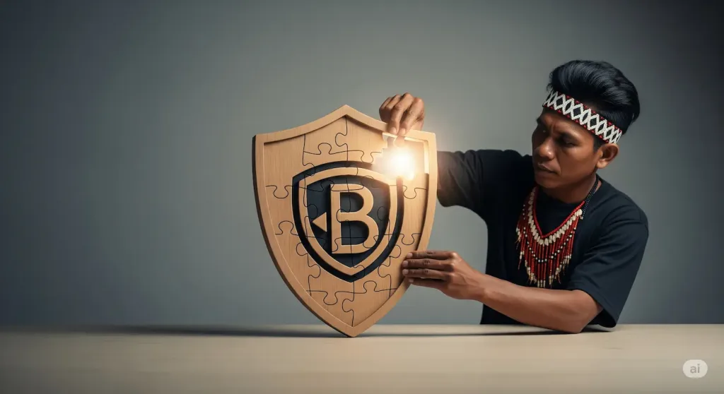 Sebuah tangan sedang menempatkan kepingan puzzle terakhir berupa logo brand ke dalam sebuah perisai, melambangkan perlindungan merek.