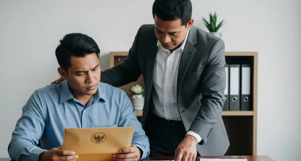 Seorang konsultan pajak profesional memberikan pendampingan yang menenangkan kepada pemilik bisnis yang sedang menghadapi pemeriksaan pajak.