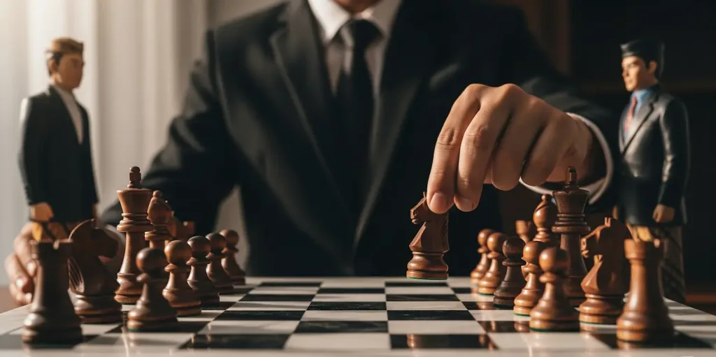 Tangan seorang pengacara bisnis yang ahli sedang memindahkan bidak catur secara strategis untuk melindungi kliennya dalam sebuah sengketa.