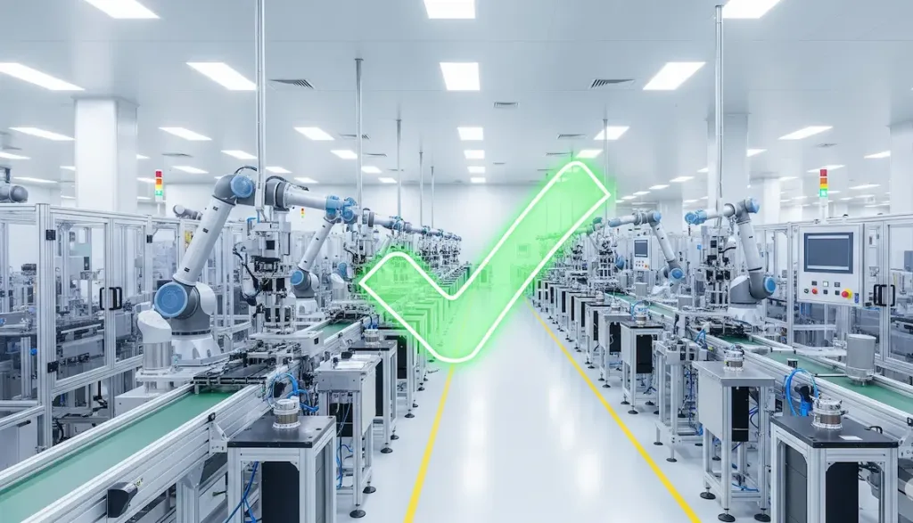 Sebuah pabrik industri yang modern dan bersih dengan tanda centang hijau besar, melambangkan izin usaha industri (IUI) yang telah terverifikasi.