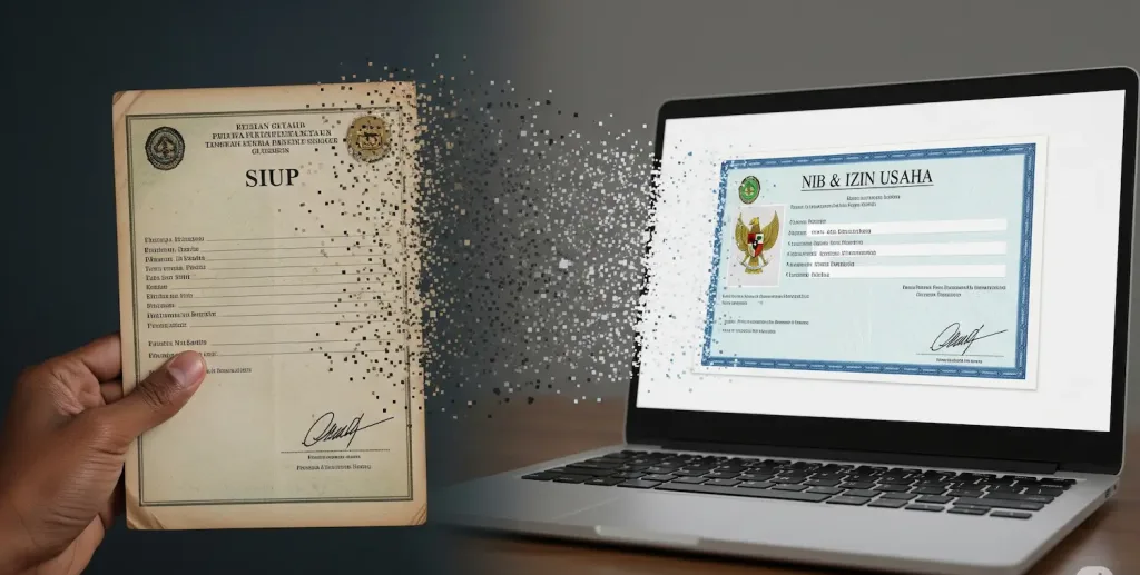 Sebuah dokumen SIUP fisik yang lama sedang bertransformasi menjadi sertifikat NIB digital di layar laptop, melambangkan evolusi perizinan.