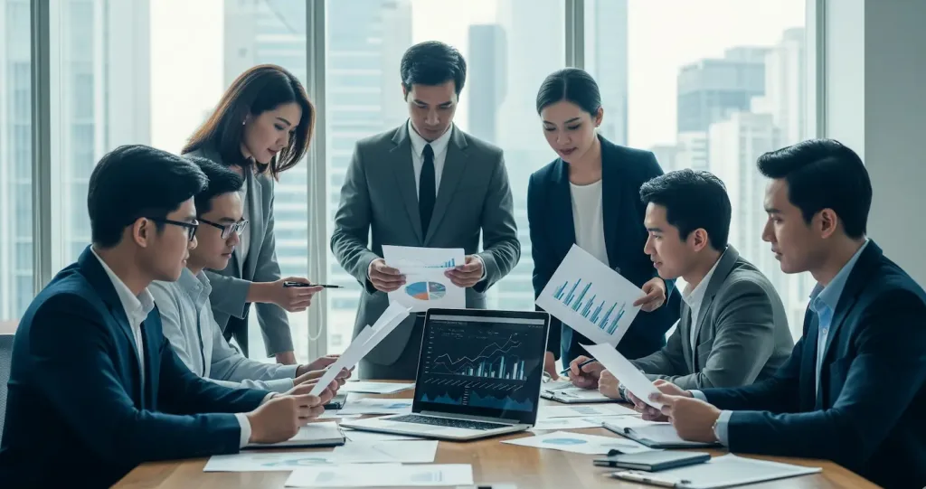 Tim konsultan transfer pricing profesional sedang menganalisis dokumen TP Doc di kantor modern.