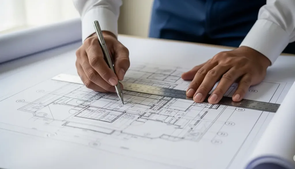 Tangan seorang profesional sedang dengan teliti memperbarui cetak biru sebuah perusahaan, melambangkan proses perubahan anggaran dasar PT.