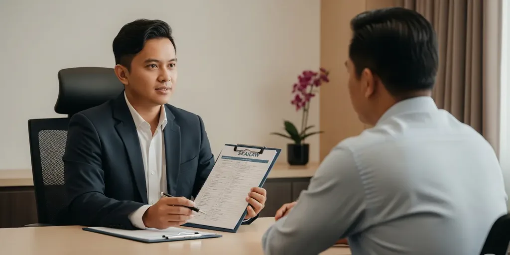 Seorang konsultan dari Skailaw sedang memberikan briefing kepada seorang direktur perusahaan tentang persiapan menghadapi survei PKP.